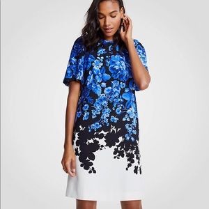 Ann Taylor Floral blue black and white shift dress double layered in 00P